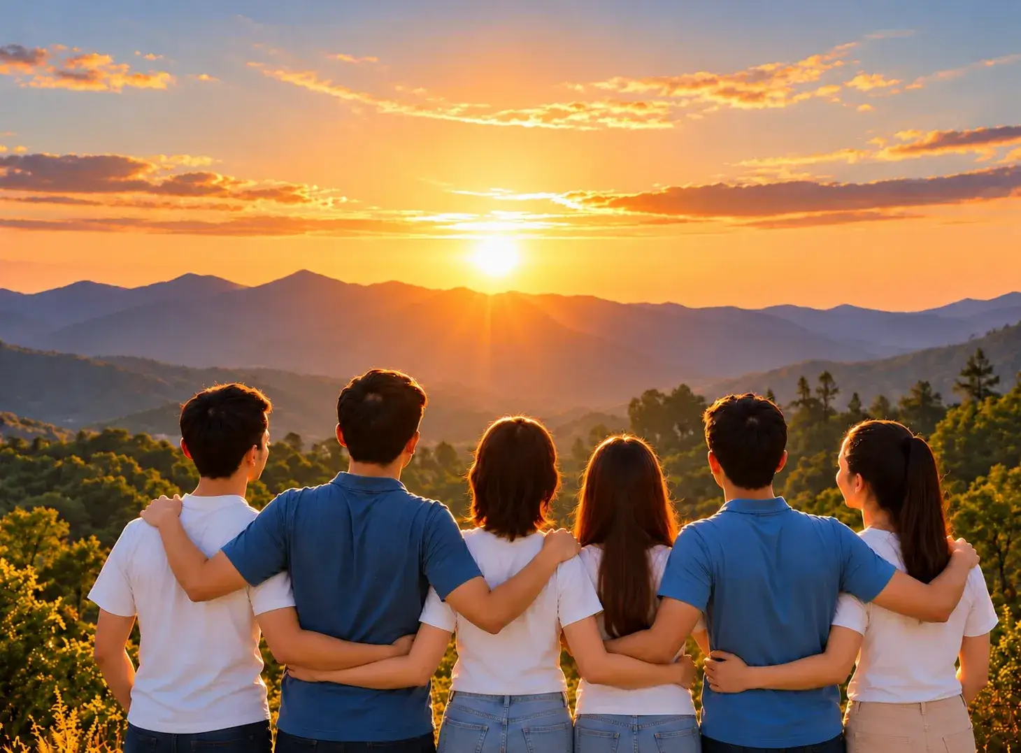 Global family of believers united at sunset